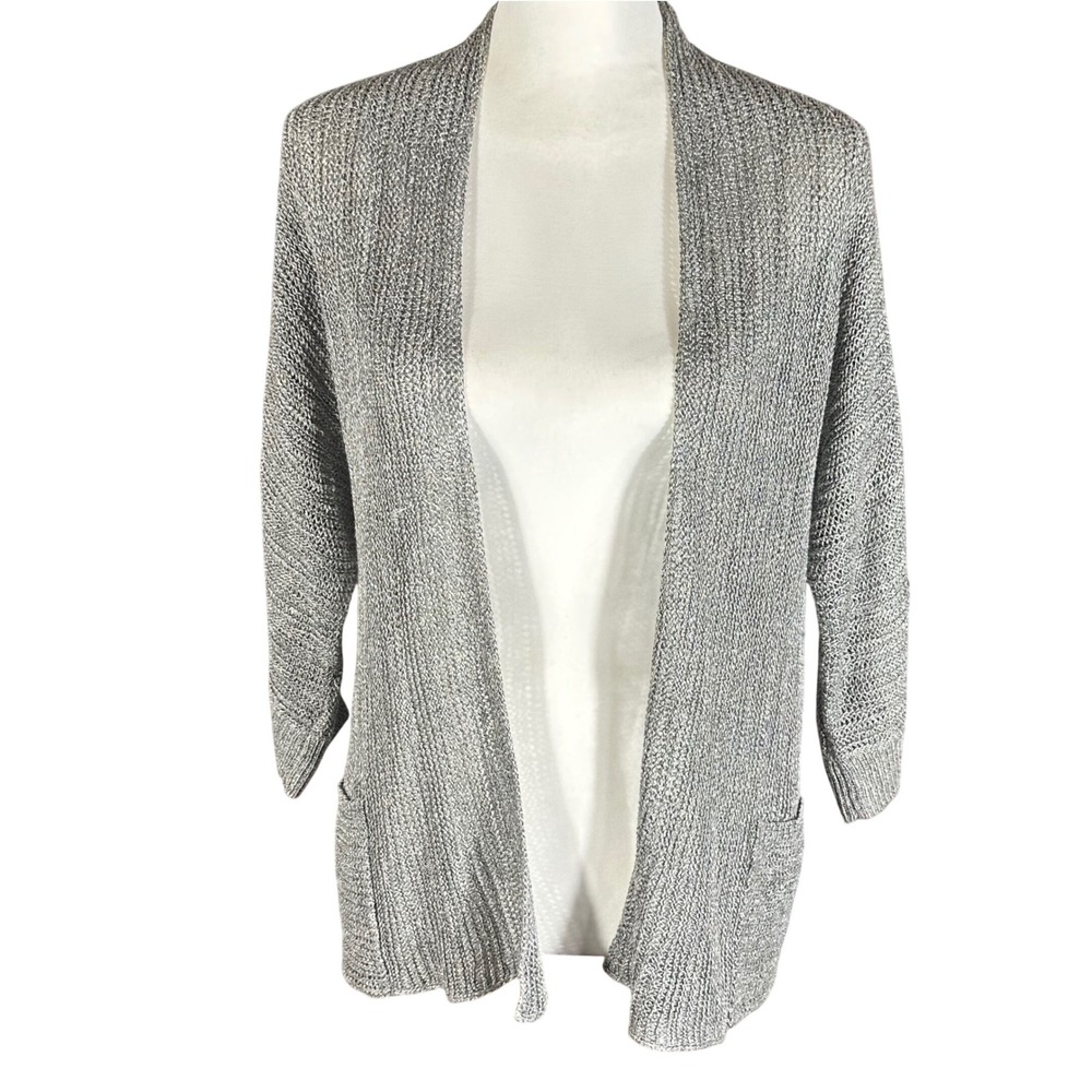 Eileen Fisher Cardigan Women Medium Grey Linen Silk Open Front Knit Pockets